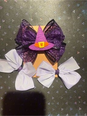 Purple Witch Hat Bow & Lavender Hair Bows Kids Costume Accessory Set